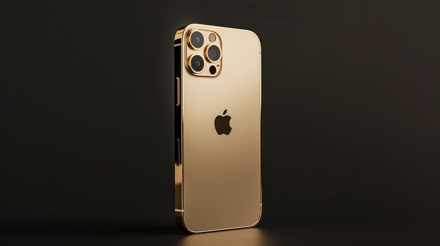 i phone 15 style mobile device, 4k resolution, matt matal material, pale gold color, midnight black background, commercial product photography style, super detailed, reality