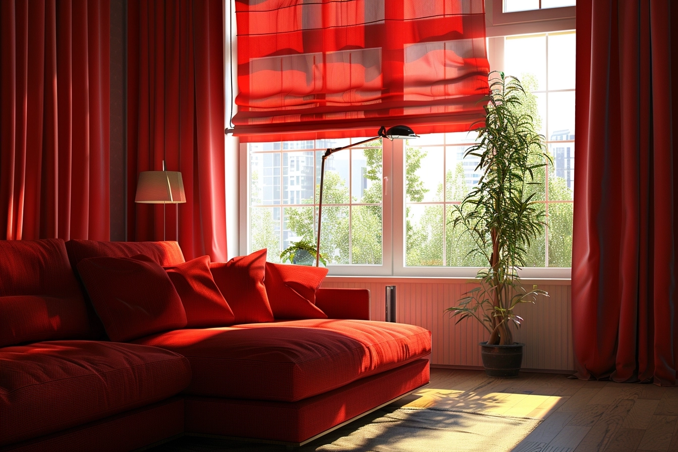 Create a high-quality and realistic image of a modern cozy living room/kitchen/living room using motorized curtains. Please provide a vivid and detailed image with an emphasis on stylish Roman curtains carefully matched to the color palette of the room. Use bright colors for the interior. Focus on the curtains, they should look clear without blurring, Pay special attention to lighting and shadows to achieve the most realistic effect Canon EF 24-70mm f/2.8L II USM lens at 35 mm, ISO 200, f/5.6, 1/60 s