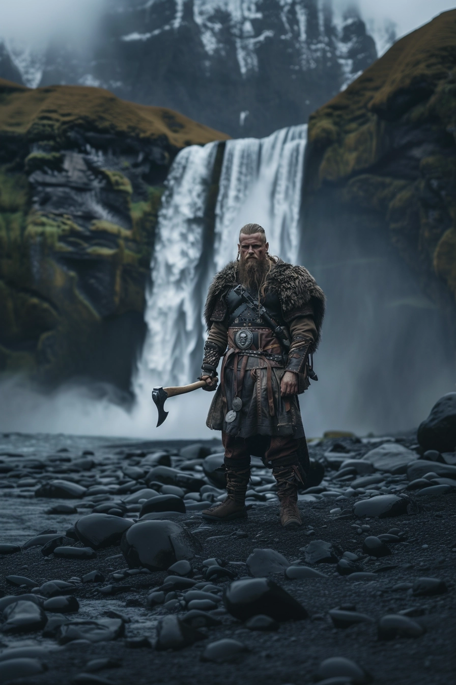 full-body portrait of a viking warrior 30 years old, wearing viking armor and weapon, holding his axe in hand, iceland waterfall at background, focus stacking