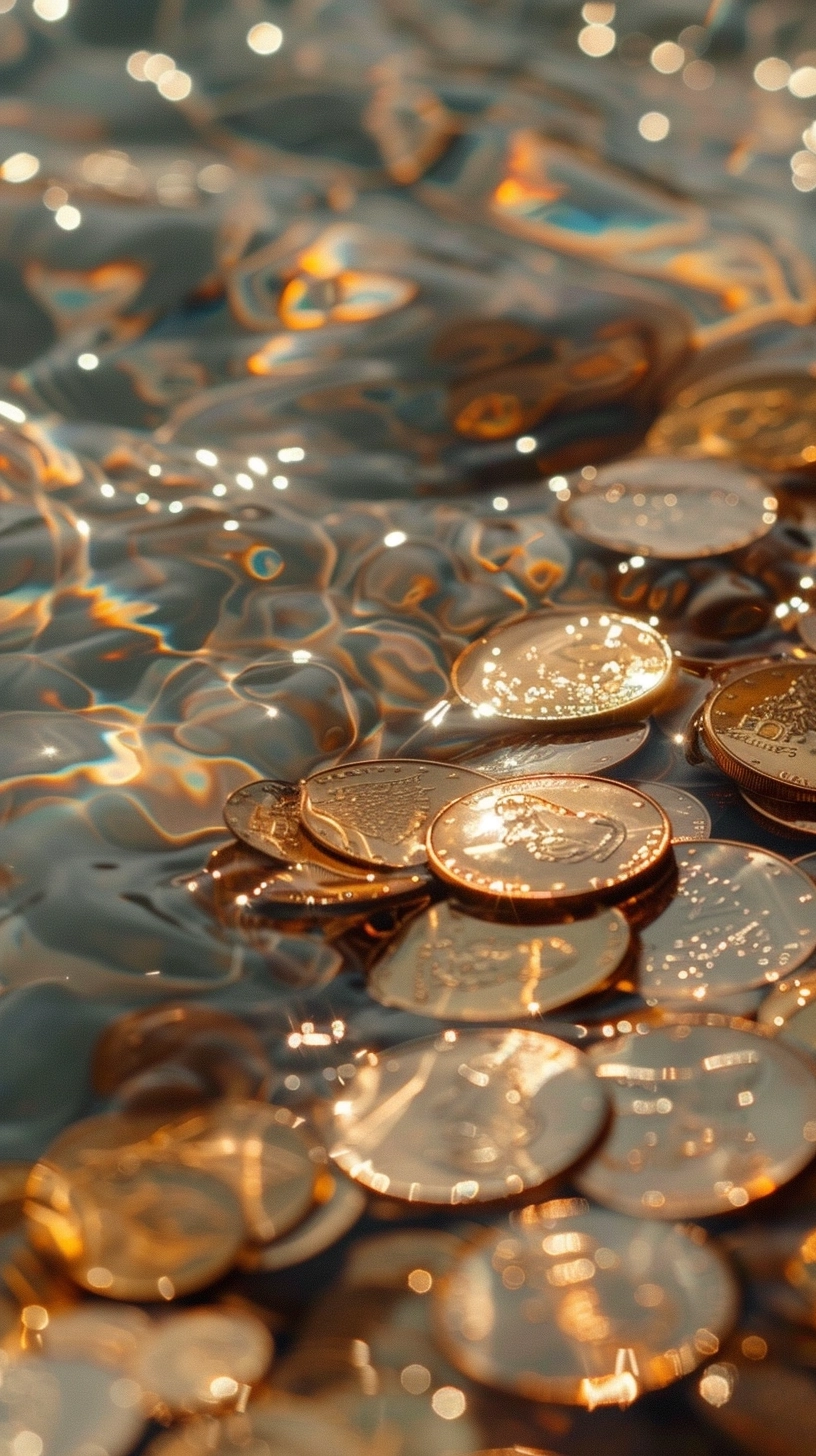 Gold coins sinking in the water, shimmering with gold and silver light effects, sparkling gold coins on white rocks, shimmering golden water surface, sparkling waves, sparkling reflections, gold ripples, gold reflected light, high definition photography, 32k uhd, ultra quality