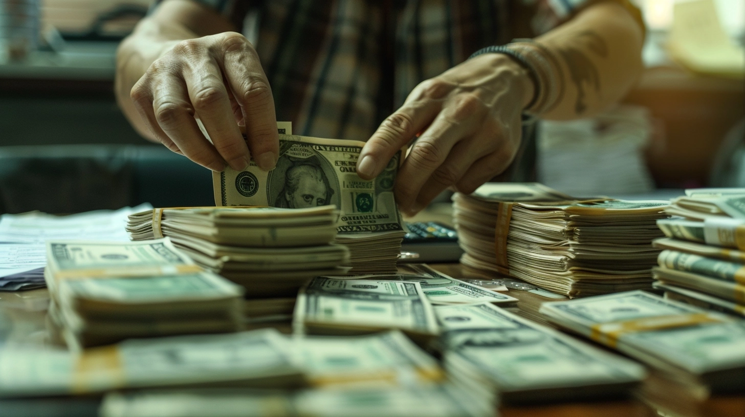 The restaurant owner in his office preparing the payroll to pay his workers, American dollars on the office desk separated into bundles