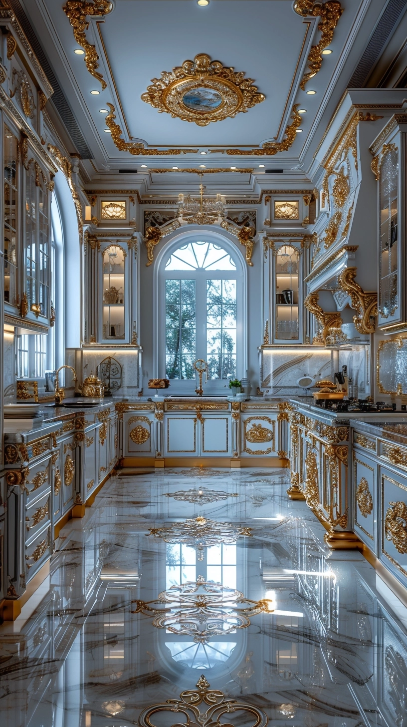 a fancy and luxurious kitchen with lots of furniture, in the style of 32k uhd, rococo decadence, decorative arts, Empire style kitchen, a high quality photography, realistic, Nikon d850