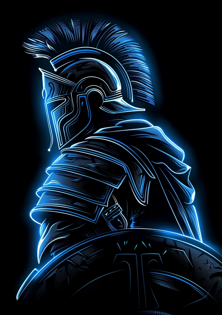 futuristic armored counterspy roman soldier with shield, blue neon accent, black background, 2d illustration