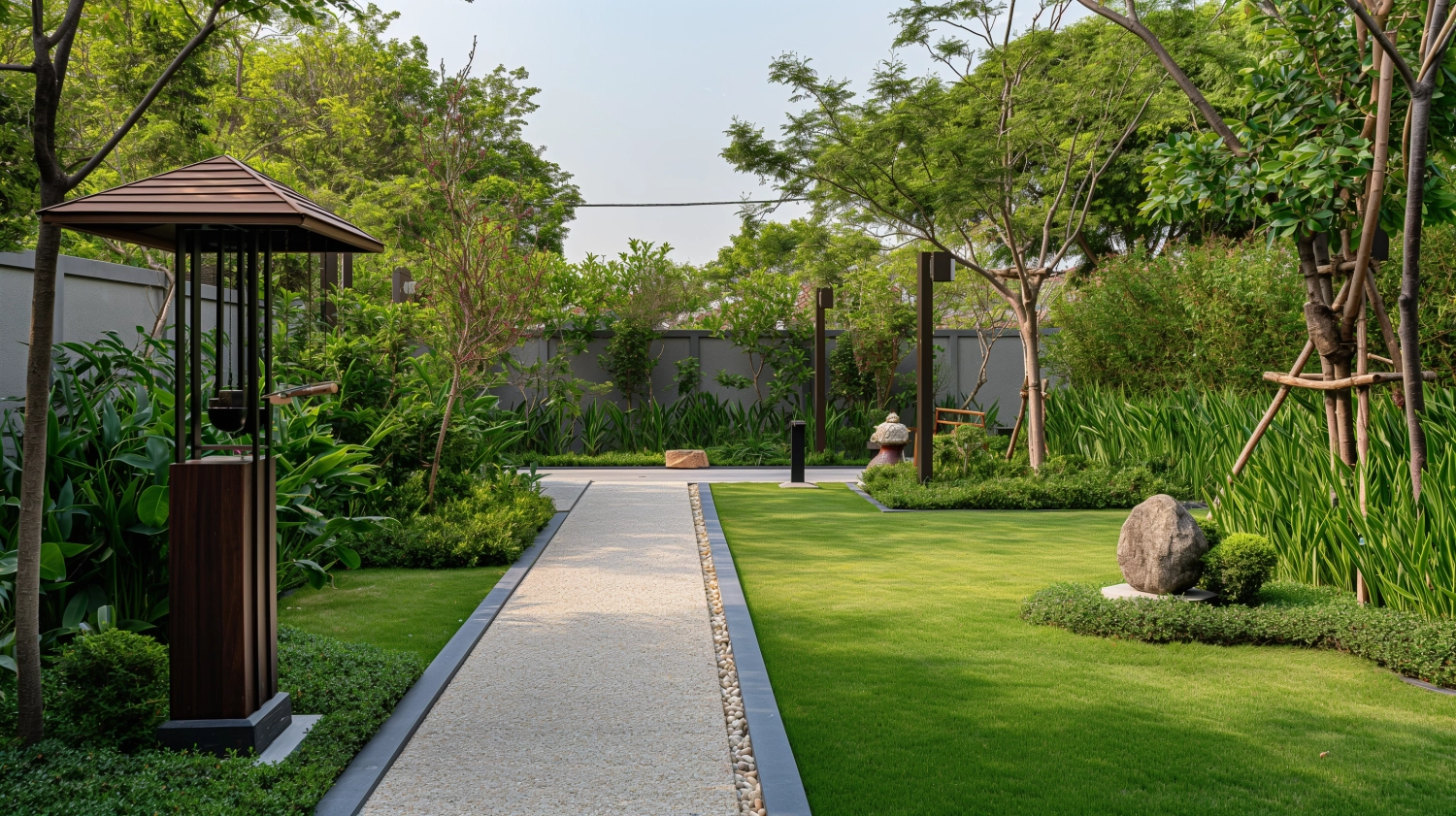 Modern American villa, garden estate, featuring a garden landscape as the focal point. The garden is portrayed with a simple layout, clean and tidy, in the style of California residences. The garden includes a bird feeder, ornaments, a leisure area, dry cement flooring, wind chimes. The photo was captured with a Canon 5D Mark II camera, presenting a frontal view at a medium-close shot, showcasing the authentic scene.