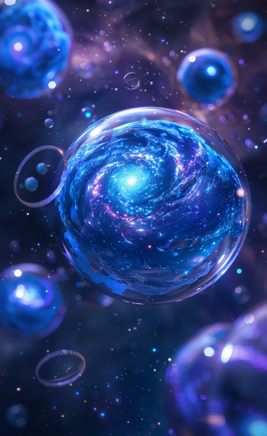 phone wallpaper of several blue and purple spheres floating in space, each sphere is the shape of an earth with swirling galaxy patterns inside them, some have stars on their surface, some have rings around it, some appear smaller than others, some appearing to be larger or darker