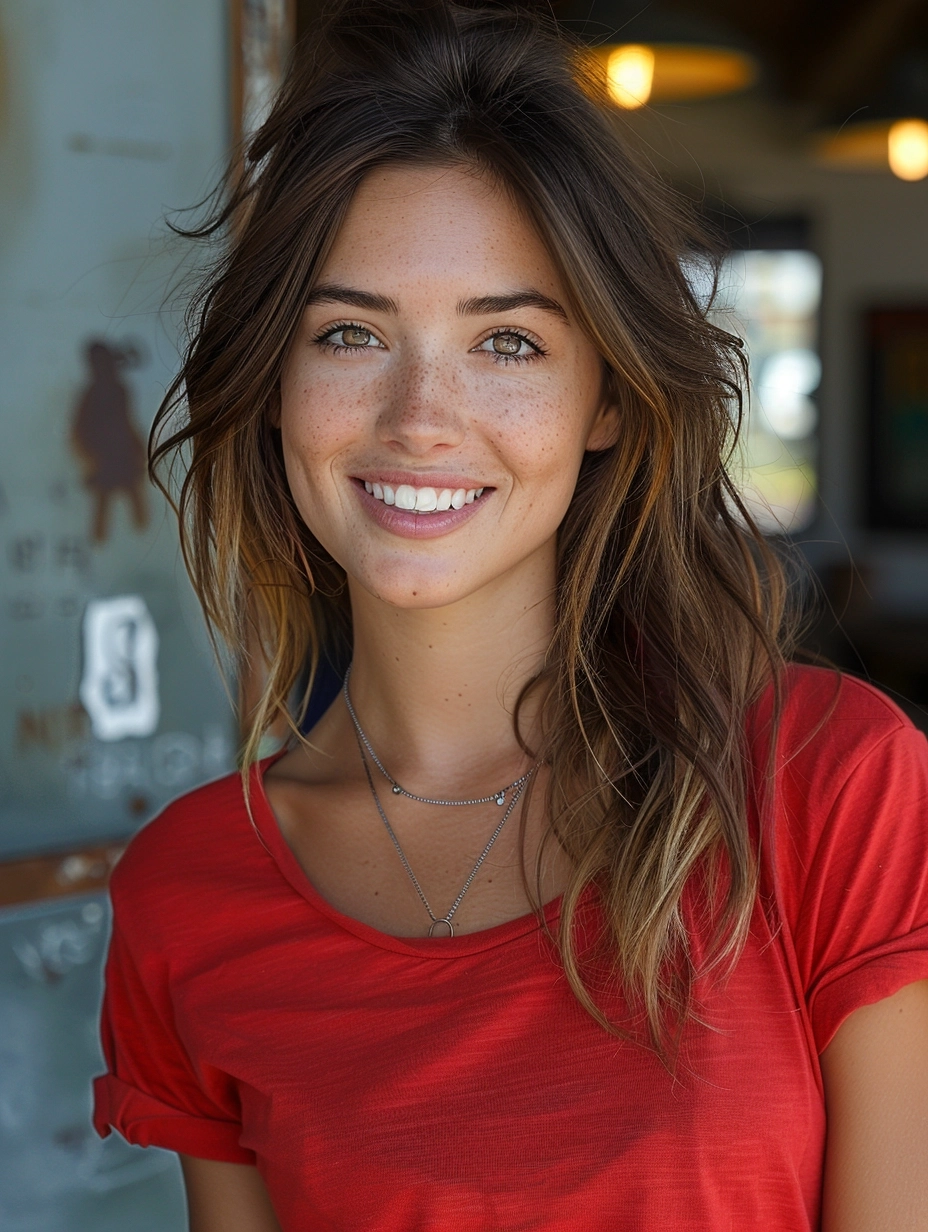 a smiling girl, with blak hair and a red T-shirt, leaning business, best quality,4K,ultra detoiled