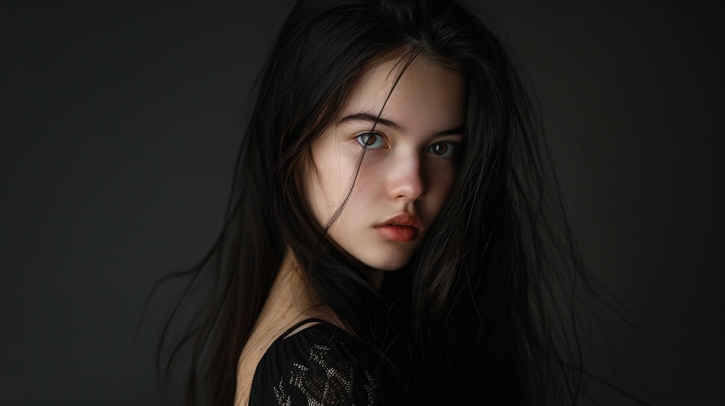 Black background, portrait of a girl with long black hair, wearing a black top, standing yf xt, soft tones, medium shot, looking into the camera, elegant. Sony Alpha A7 III, f/24, 50mm lens, f/3.6, f5.8