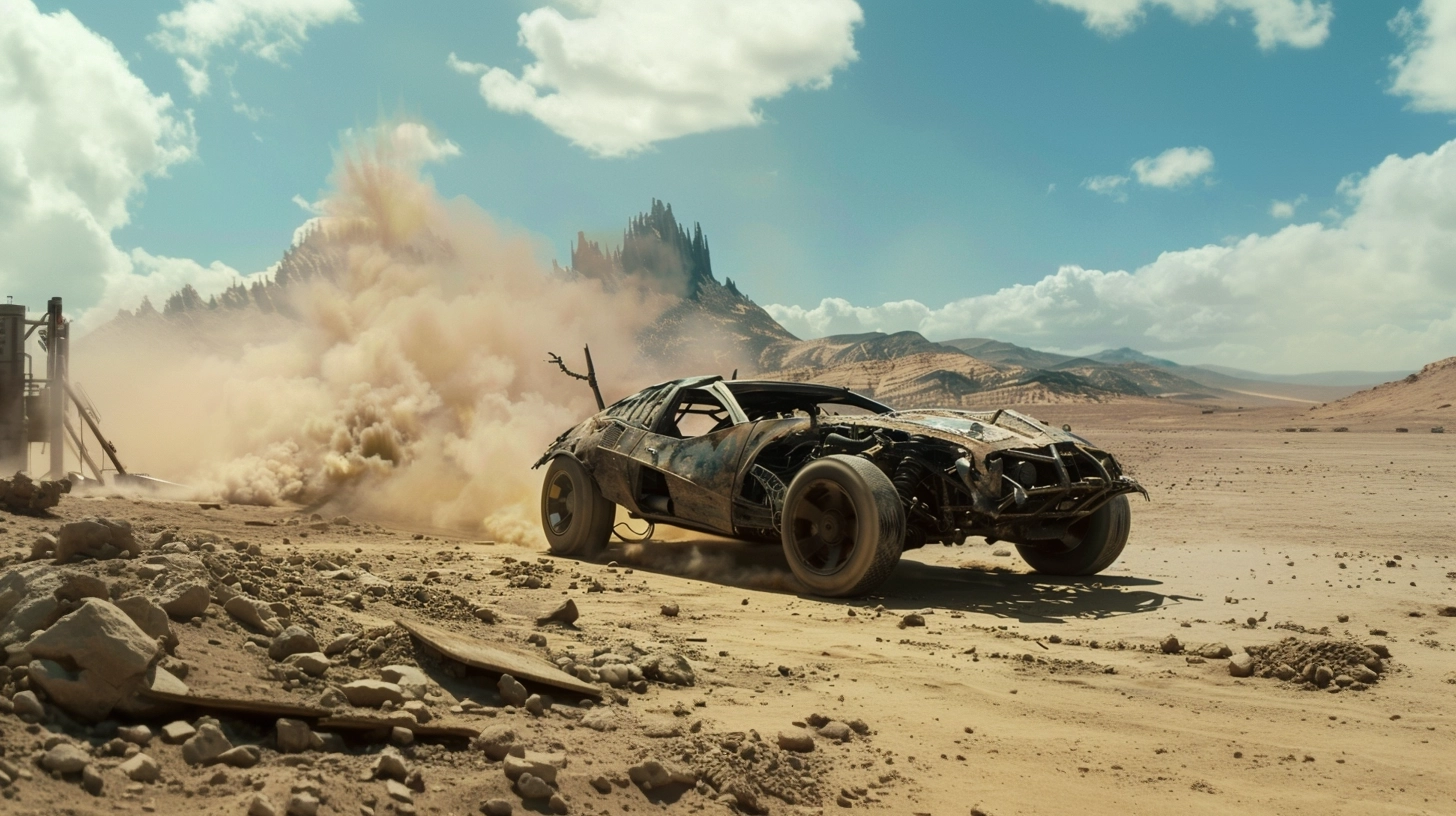 A car assembled from parts, desert scenery, complex scene, wide-angle lens, raising dust, monsters chasing the car, daytime, strong light.