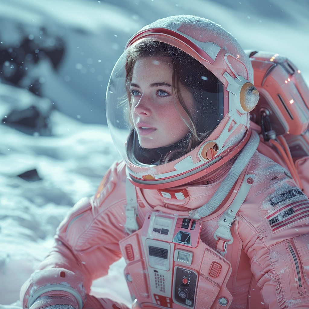 female astronaut in a pink suit standing on the moon, in the background space and stars, science fiction, pastel colors, photorealistic, udh image
