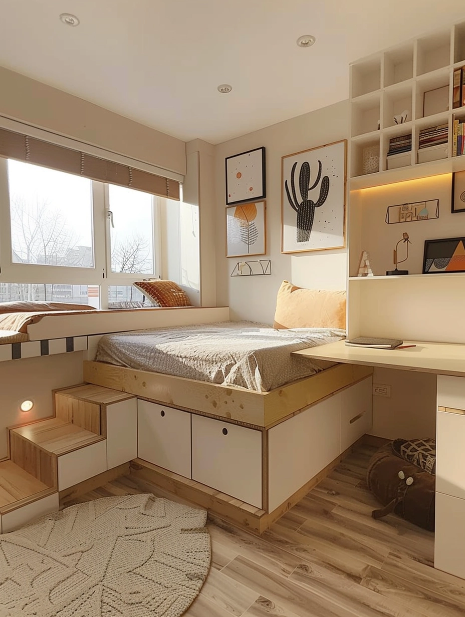 A small bedroom with a desk