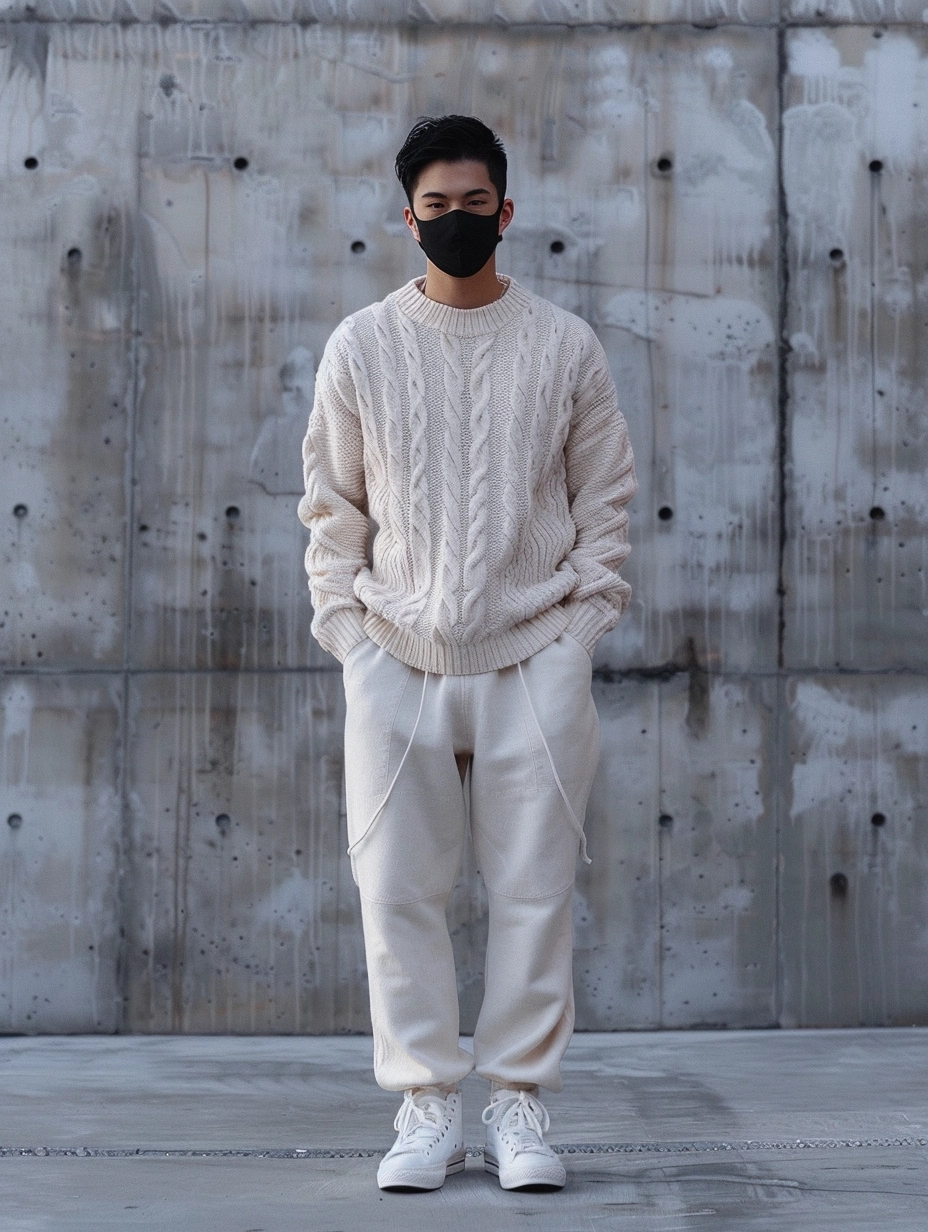 a lanky handsome Asian man wearing a black mask is standing In front of the cement wall.Off white knitted sweater, also off white casual pants, white Converse shoes, soft, Upward viewing angle,dark beige and maroon,Full perspective