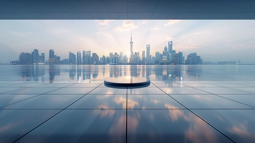 White tile floor and skyline over the modern and technological building, with the city skyline in the distance, clear sky,a bright, open and clean large scene, ultra-high definition, real scene