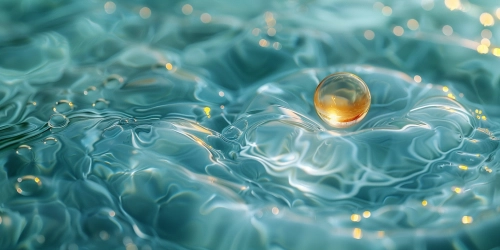 An enlarged image, a single large, round water droplet.complemented by a subtle hint of pastel yellow. Perfect for cosmetic advertisements, with slightly scattered large, round water droplets. Creates a simple and gentle ambiance, suitable for advertisement and background designs, harmonizing with nature. Features high details and the best quality