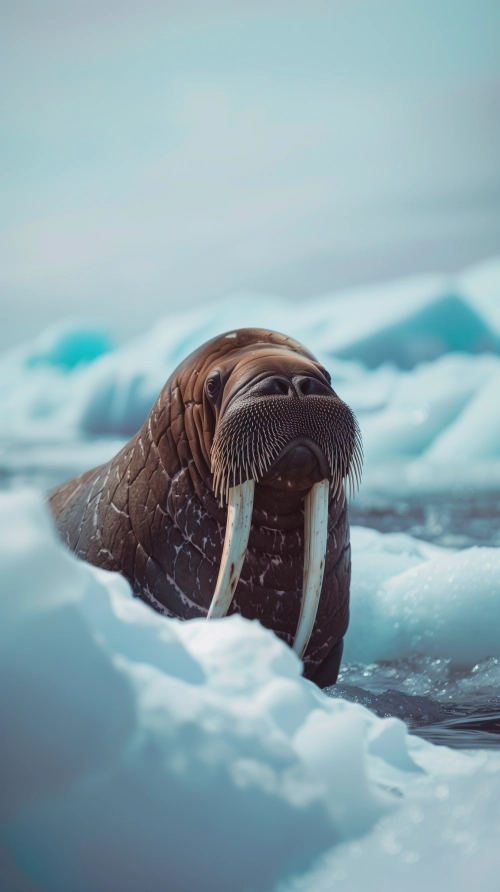 Realistic close-up photo of a walrus on ice, blue tone throughout, sunny day, shallow depth of field, 8k
