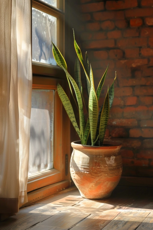 photograph of a tall snake plant in a terracotta pot, in beautiful morning light sitting close to a window, somewhat magical fairy feeling, super realistic