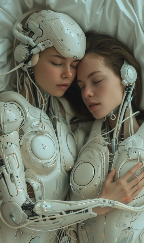 Two female cyborgs with many cables cuddling on a bed with wrinkled white sheets