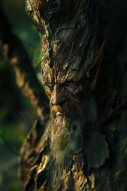 close-up of the face of the tree-giant treebeard by tolkien, the eyes are deep green with brown-golden splashes, his face is old, his.skin is like the bark of an old tree