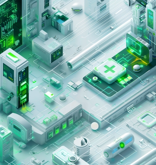 3D illustration of digital health and medical technology on a white background with a light blue and green color scheme. Minimalistic design with a flat lay composition and isometric perspective. Abstract shapes representing tech elements like circuit lines or plus symbols in the center, with white space around for text. Professional graphic designer style in the style of a minimalist aesthetic, high resolution white background.