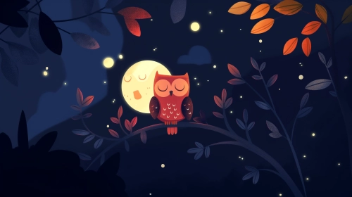 illustration detailed minimalist cartoon of a lovely owl, at night, warm dark light ambient