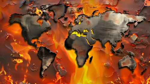 a world map made out of steel, europe in the center, every continent is visible, background: flames and fire, red and yellow