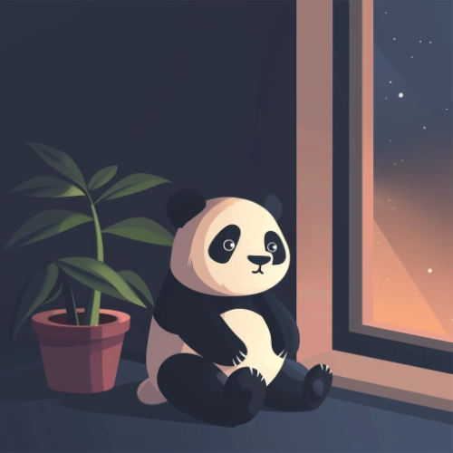 illustration detailed minimalist cartoon of a lovely panda, at night, warm dark light ambient