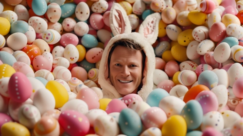 A white Caucasian male in his early 40s, short brown hair, blue eyes, with a big smile on his face, in easter bunny costume, head peaking out of a mound of thousands of colorful Easter eggs, shot in the visual style of Wes Anderson, photorealistic