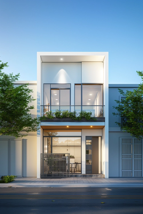 3d modern style small house design, front view modern style of small narrow house width 4m, one floors with white color and glass windows on the first floor and balcony in front, gray steel gate two wings at the entrance in front of building, 1 car parking space behind door, Modern window frames, glass doors, trees around building, blue sky background, There is also an emoji to represent diversity, joyous moments shared by friends and family, and quality time with your children. Realistic rendering. High resolution.
