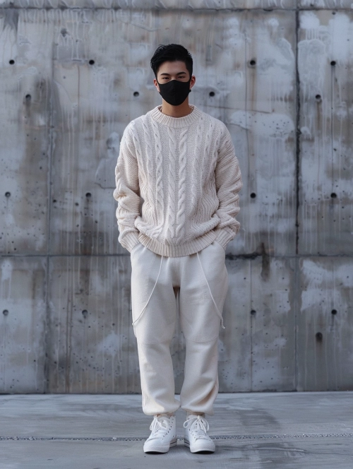 a lanky handsome Asian man wearing a black mask is standing In front of the cement wall.Off white knitted sweater, also off white casual pants, white Converse shoes, soft, Upward viewing angle,dark beige and maroon,Full perspective