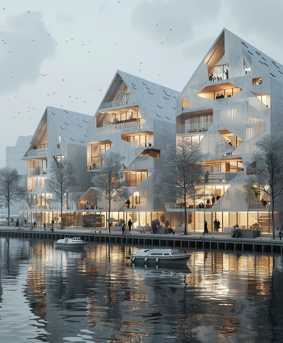 an architectural rendering of three large buildings on the water front in copenhagen, they have sharp gable roofs made from white concrete and glass panels with lots people walking around them