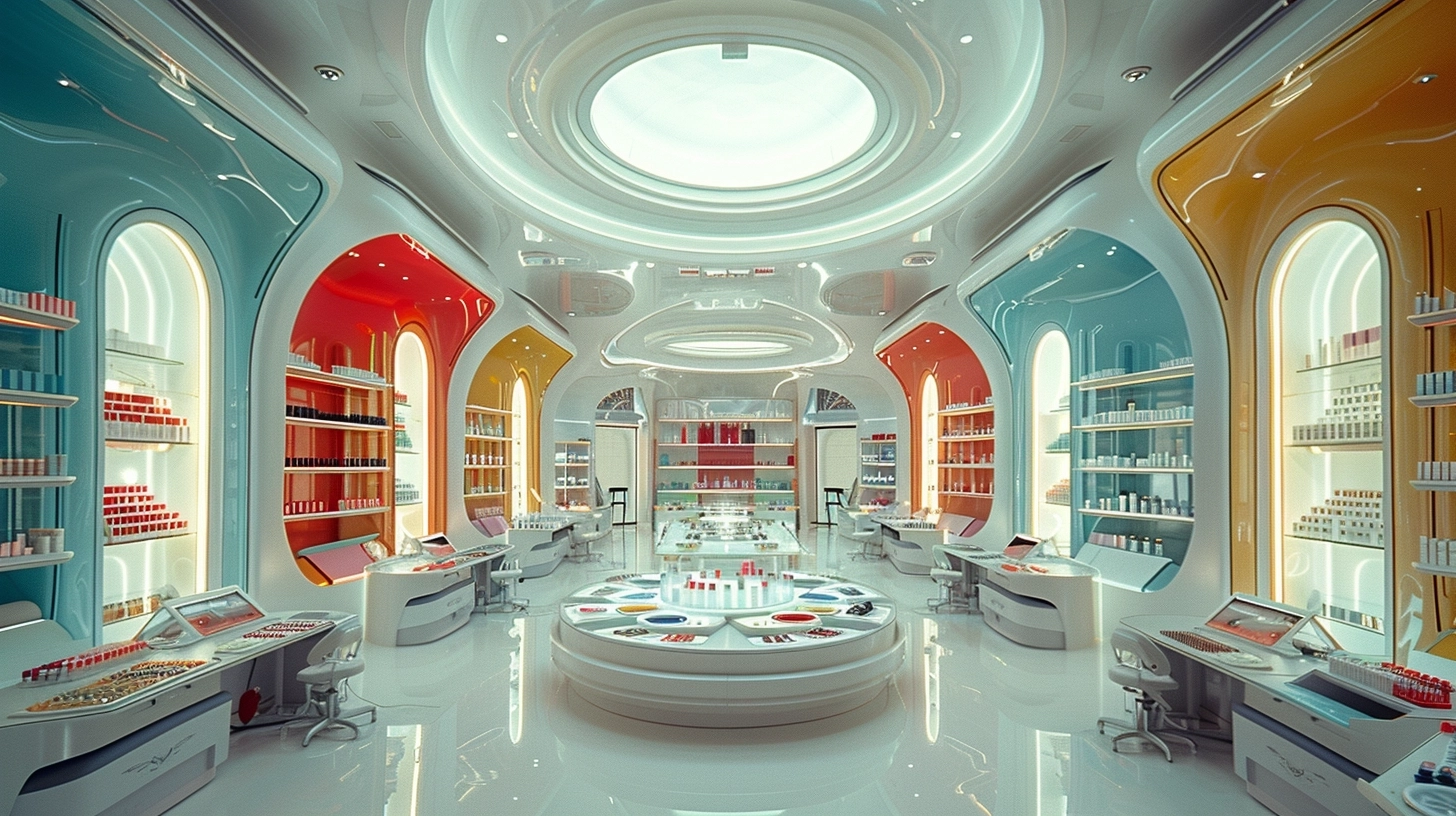 hasselblad, film still of, natural lighting, futuristc, A vast cosmetic labs with a large hall in the center, cosmetics display shelves in hall, five independent labs surrounding a large hall, each labs have vast space, opened door penetrates each labs, each labs have blue, red, green, yellow, white color