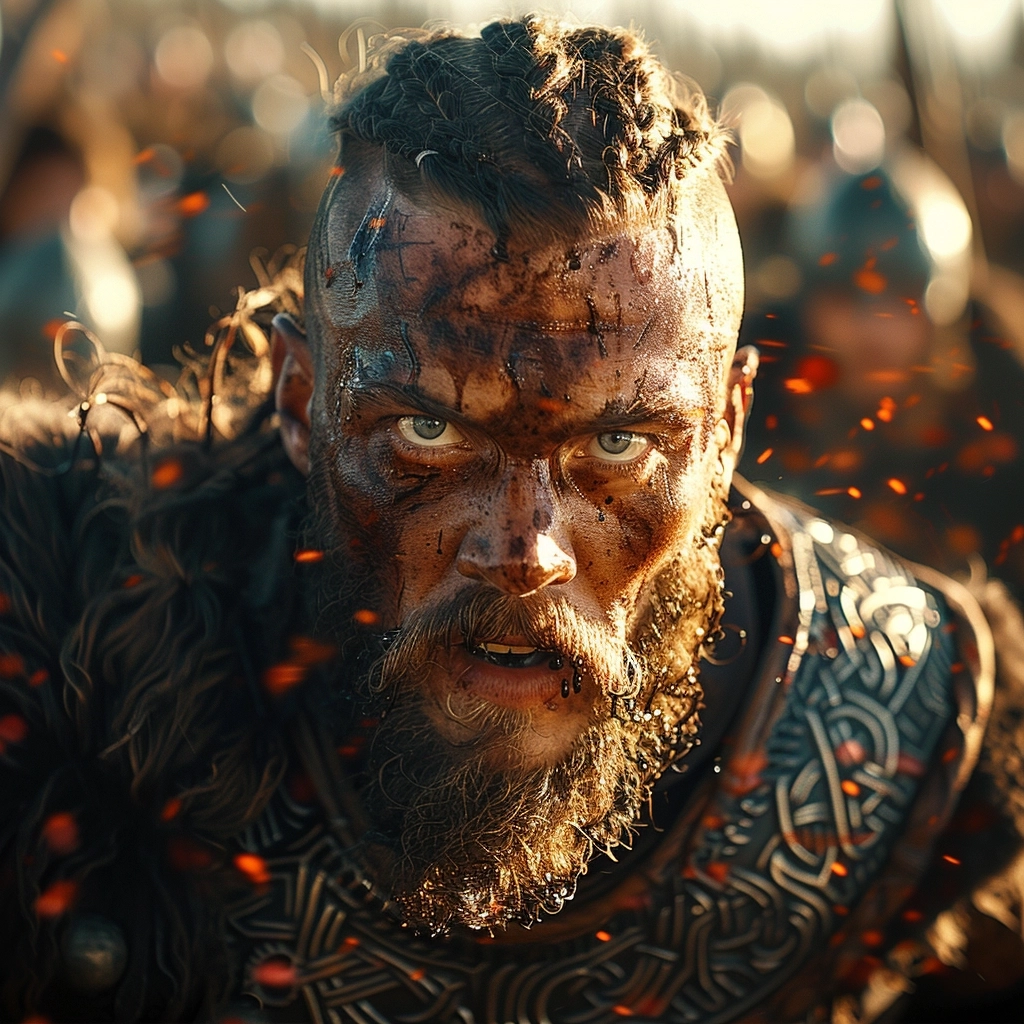 Action scene still film of Ragnar Lothbrok charging towards the camera, intense Battle, intense Battle scene, epic, ultra realistic, action movie, rich colours, taked by Sony A7R IV and a G Máster FE 16-35mm f/2.8 lens, Depth of Field, beautiful color-coded, cinematic lighting, hyper - detailed, directed by Zack Snyder