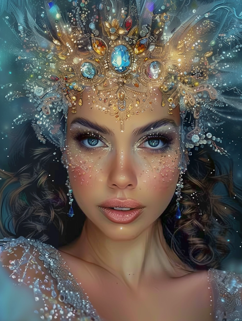 head portrait of beautiful woman covered in jewels, highly detailed, realistic