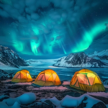 vibrant tents that are illuminated from inside under the northern lights with ice and snow covered mountains in the background
