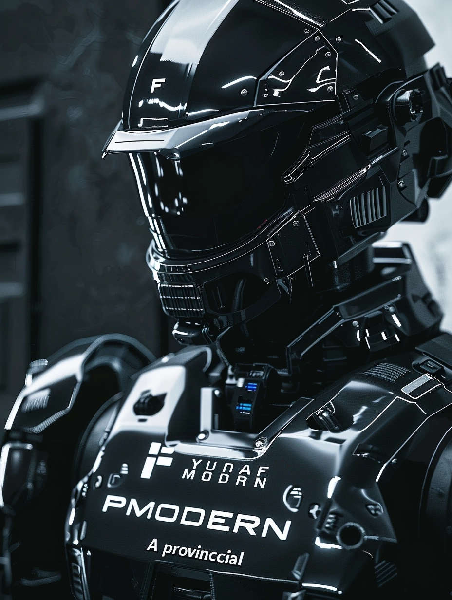 photo of futuristic black mecha police armor with the text "F MODERN P.Treek A provincial" and logo on chest, helmet visor is open showing face, full body shot, magazine cover art style scifi photography in the style of Yoji Shinkawa, Ross Tran, and John Berkey