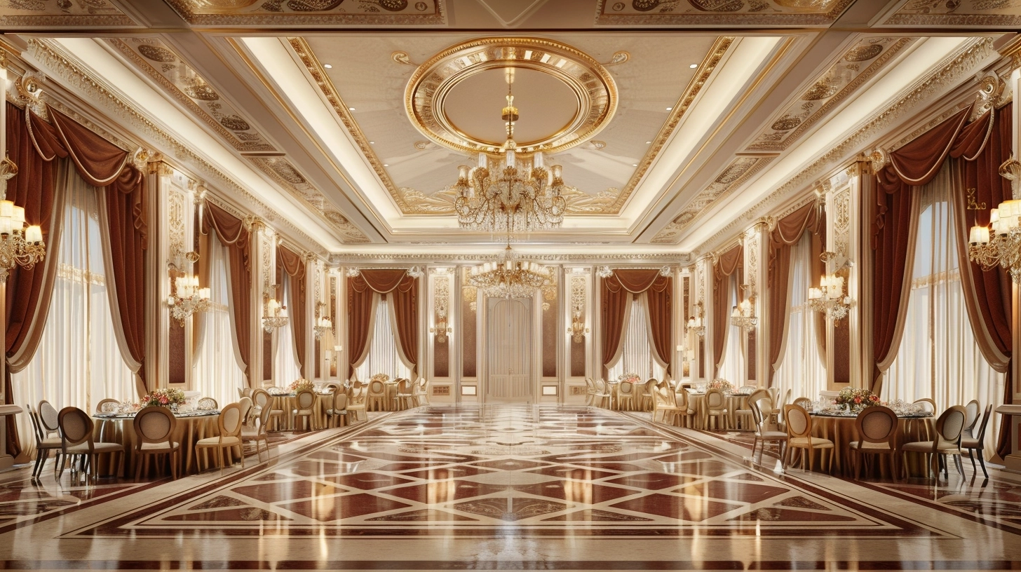 Envision entering a banquet hall where timeless elegance meets modern luxury. Picture majestic full-height classical panels adorning the walls, seamlessly integrating ornate doors into their intricate design. The ceiling above is a masterpiece of classical architecture, featuring elaborate moldings and graceful motifs that evoke a sense of grandeur. Luxurious hues of deep burgundy, gold, and ivory envelop the space, casting a regal aura. Every detail, from the exquisite chandeliers to the plush seating, exudes opulence. Step into this refined sanctuary where classical beauty reigns supreme, promising an unforgettable experience steeped in luxury and sophistication