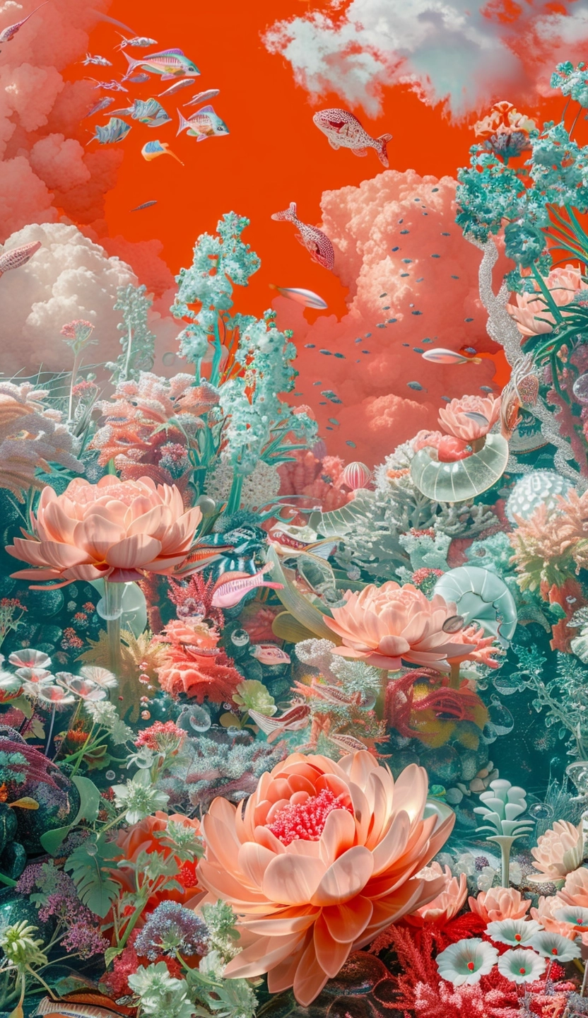 A garden made of glass and plastic, full of color, with mint green and coral pink shades against a coral red background, featuring sea creatures in the sky and a coral reef on land, with plants bearing colorful flowers and sea animals swimming around, rendered in an octane style with hyperrealistic and bright colors, white clouds, and sunshine.