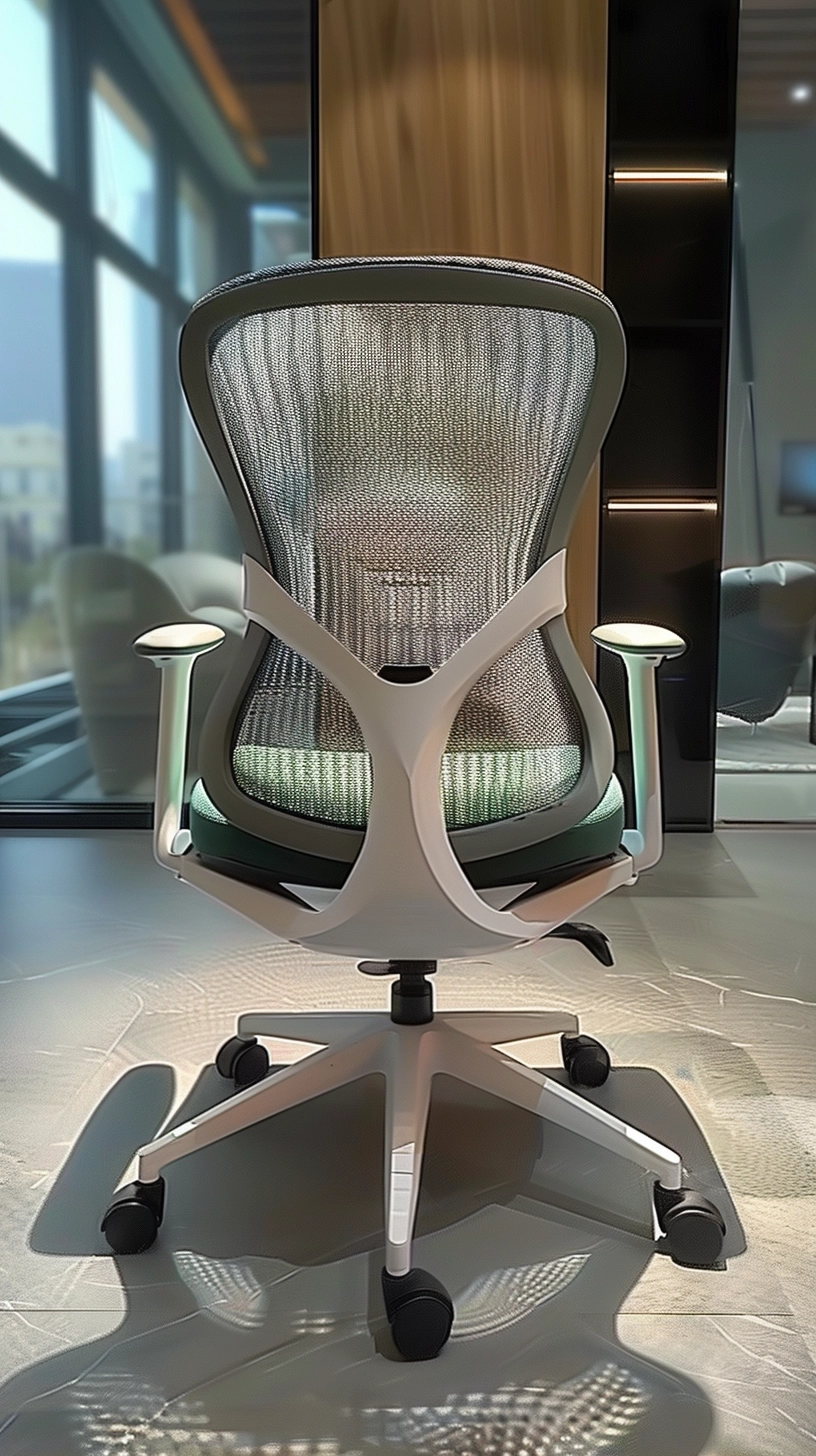 Back view, ergonomic office small net chair design, net chair backrest bracket similar to X shape, novel, fashionable, and beautiful in shape, Back view 45 degrees, Center the composition, VRay, global illuminations, 16K Resolution, Minimalist