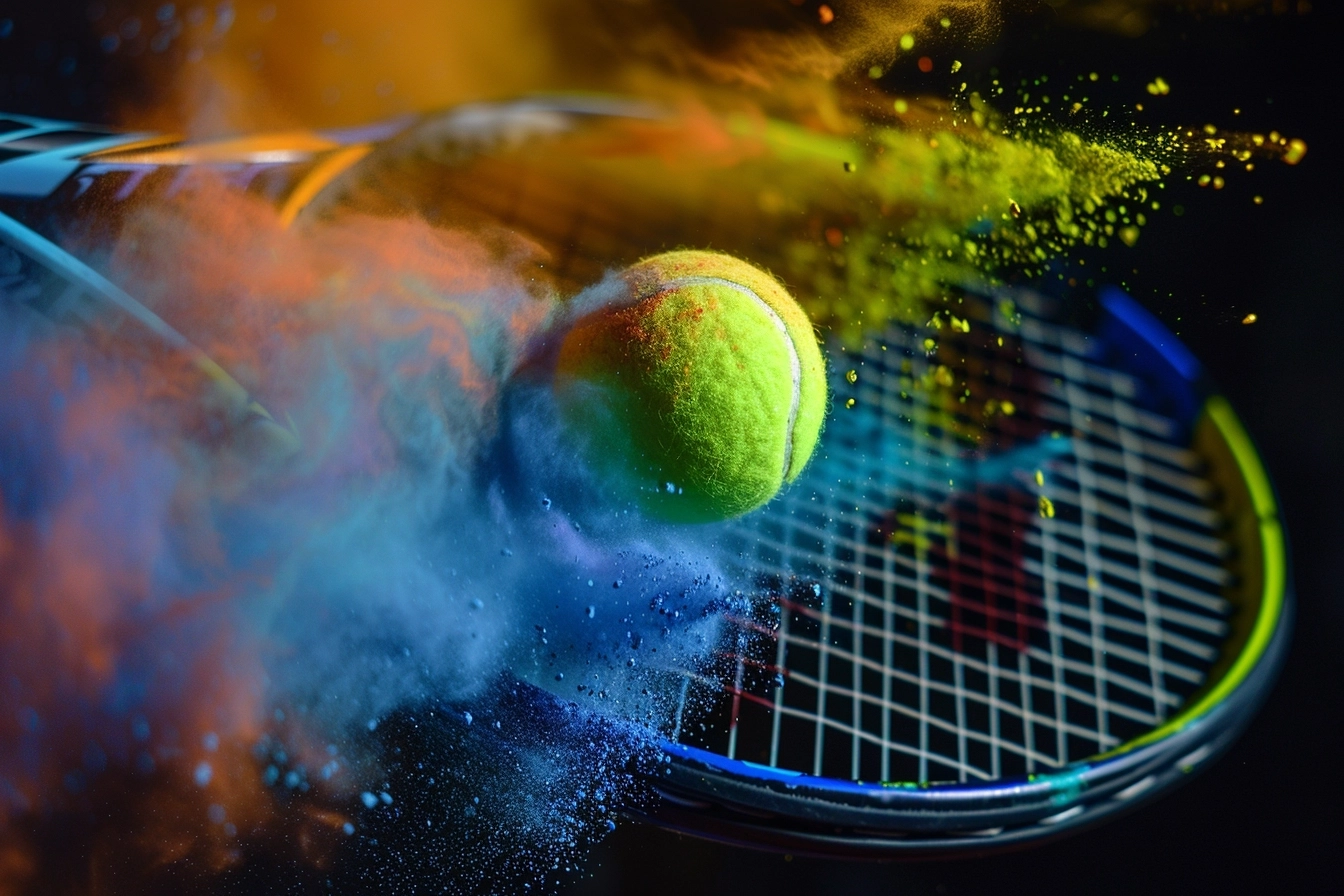 macro detail of a yellow tennis ball hitting a racket, rainbow powder