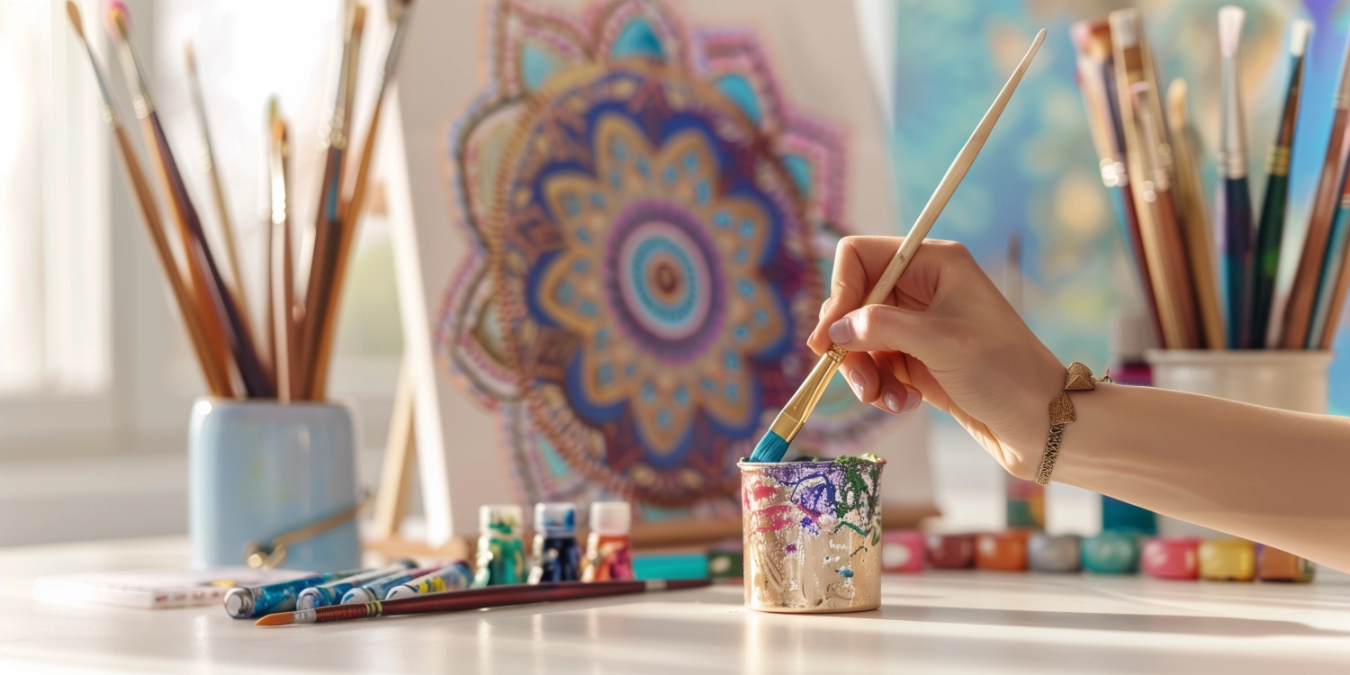 a woman hand keep a paint brush. Close up. On the background a canvas with madala pattern front of a wall. The background is a bright white table with art supplies like canvas and paints scattered around it. Soft natural light streams through the window