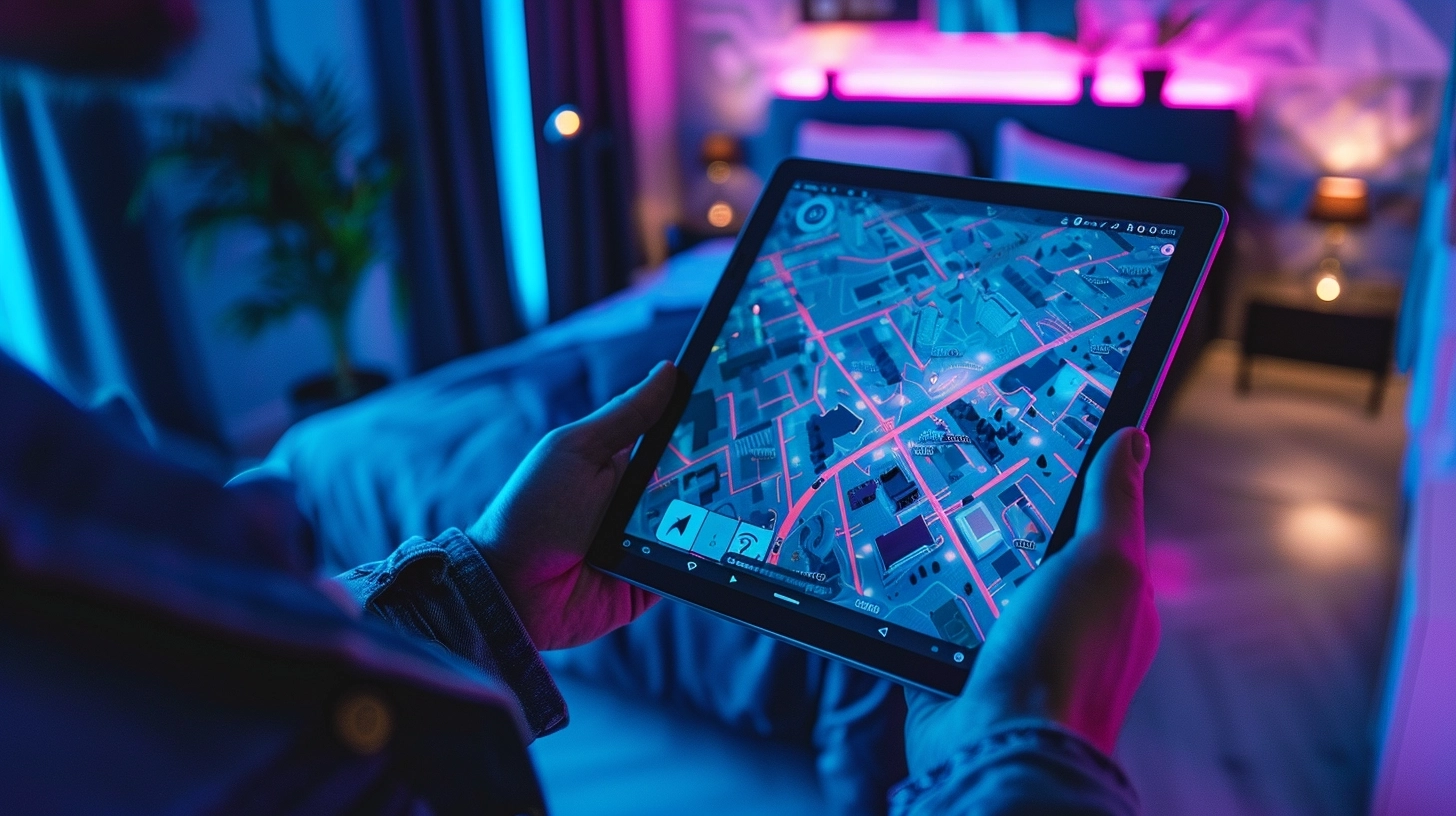 a person holds a tablet aiming the tablet to horizont with the Google Maps application or another GPS application on the tablet screen, cyberpunk theme, bedroom scene