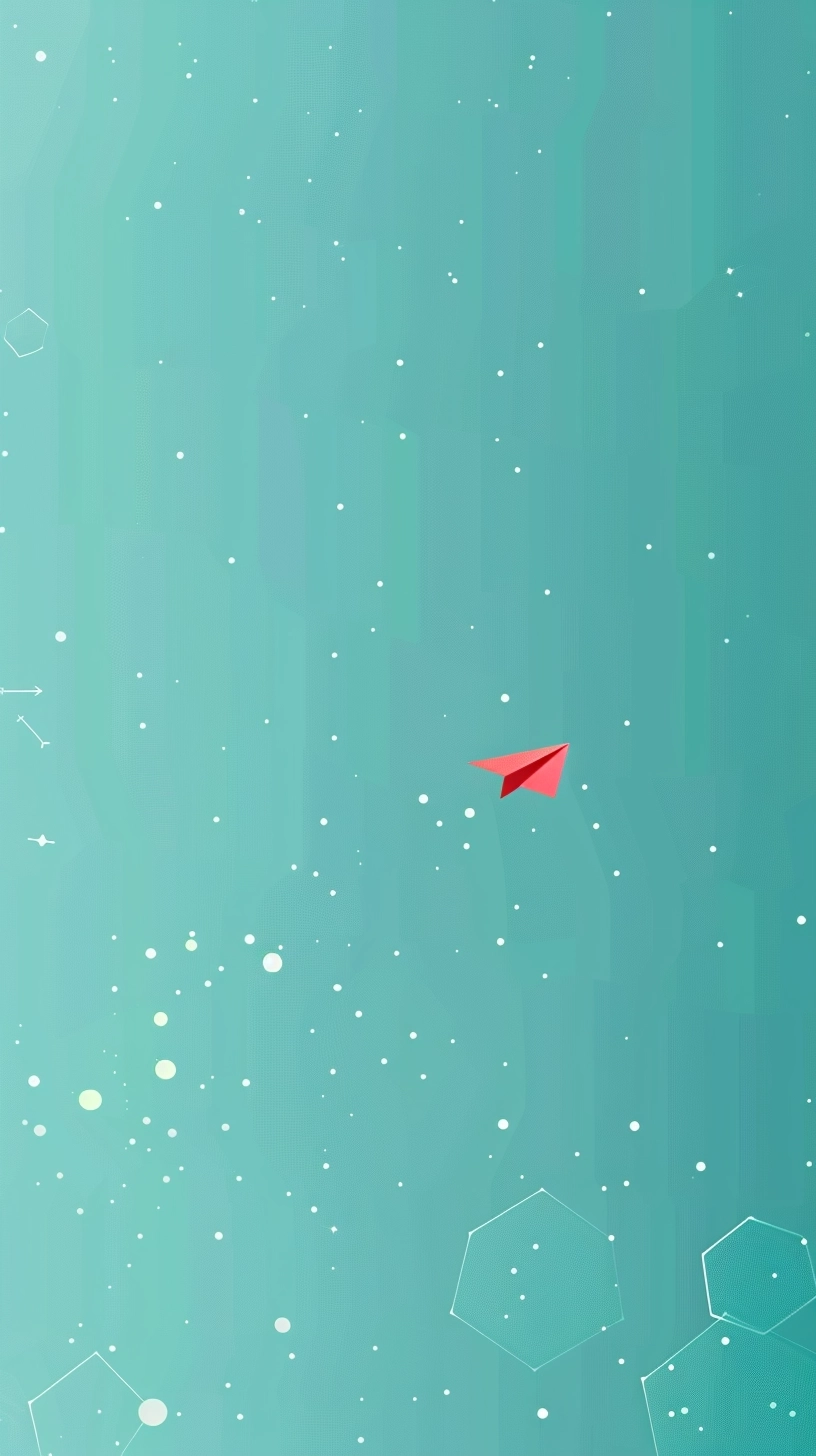 A simple background for an app with light blue and teal colors, featuring hexagons and stars. Along the bottom is a small red paper airplane flying across it. The overall feel should be clean and minimalistic. There is no text or other elements in front of that tiny plane, creating space to add content above. This design would work well as a mobile phone wallpaper or profile picture on social media platforms. It could also convey the idea of travel or adventure through its theme in the style of a minimalist artist.