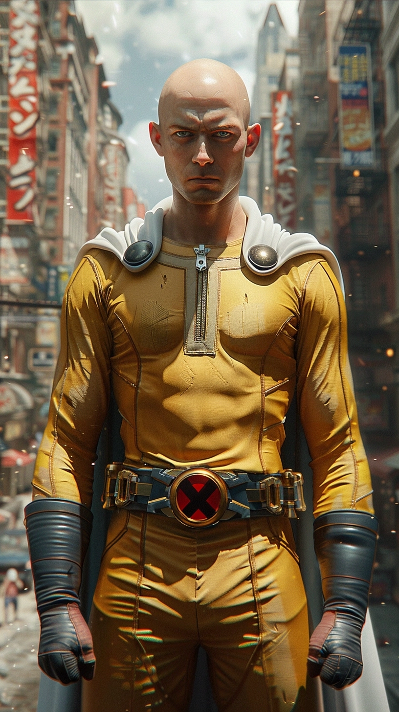 Create a photorealistic image of Saitama from 'One Punch Man' as a real person. Focus on his distinctive bald head and hero costume, set against an urban cityscape. The composition should emphasize his upper body, illuminated by bright daylight to enhance the heroic ambiance. Use settings for photorealism with