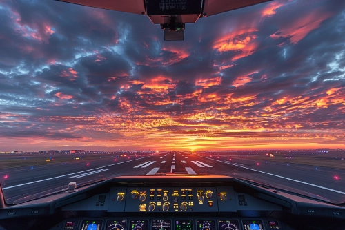 Sharp photograph of the view from the front windscreen of a large aircraft on the runway at sunset