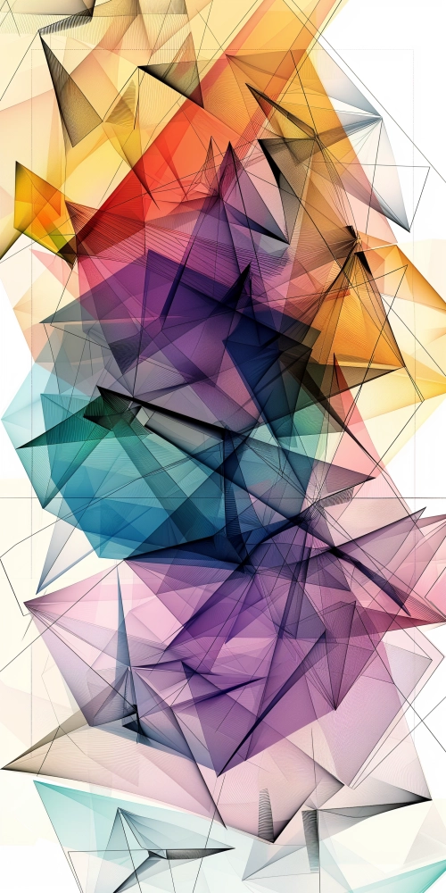 abstract triangles, in the style of line art, transparency, multi color