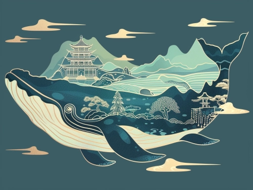 Big whale, Greenish-blue mountain and water scenery, pine and cypress trees, temple, cloud patterns, Chinese style, golden foil outline, flat illustration,