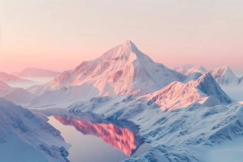 snowy mountain with lake, simple style, a hyper realistic photo, sunset gradient, aerial view