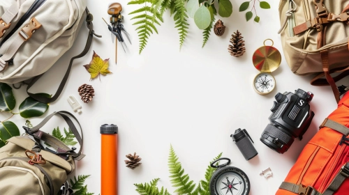 white background framed by a layout of tourist equipment, backpack, compass, things for a hike