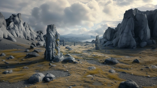 a pre-historic location, rocky landscape, stone age, realistic, cinematic, 8k uhd,