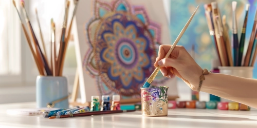 a woman hand keep a paint brush. Close up. On the background a canvas with madala pattern front of a wall. The background is a bright white table with art supplies like canvas and paints scattered around it. Soft natural light streams through the window