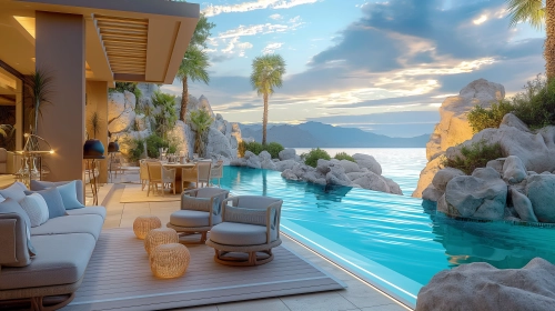beautiful summer patio with stylish patio furniture, infinity pool, rock wall, palm trees,